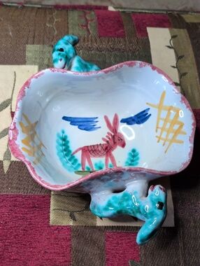 Hand-Painted Ceramic Decorative Bowl in Pink and Turquoise